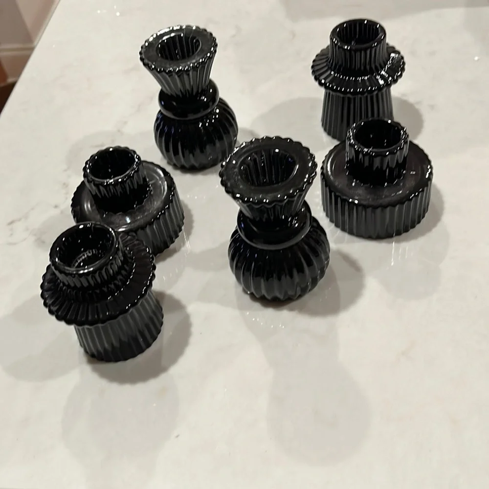 Kate Aspen Assorted Vintage Ribbed Black Glass Candlestick Candle Holder Set